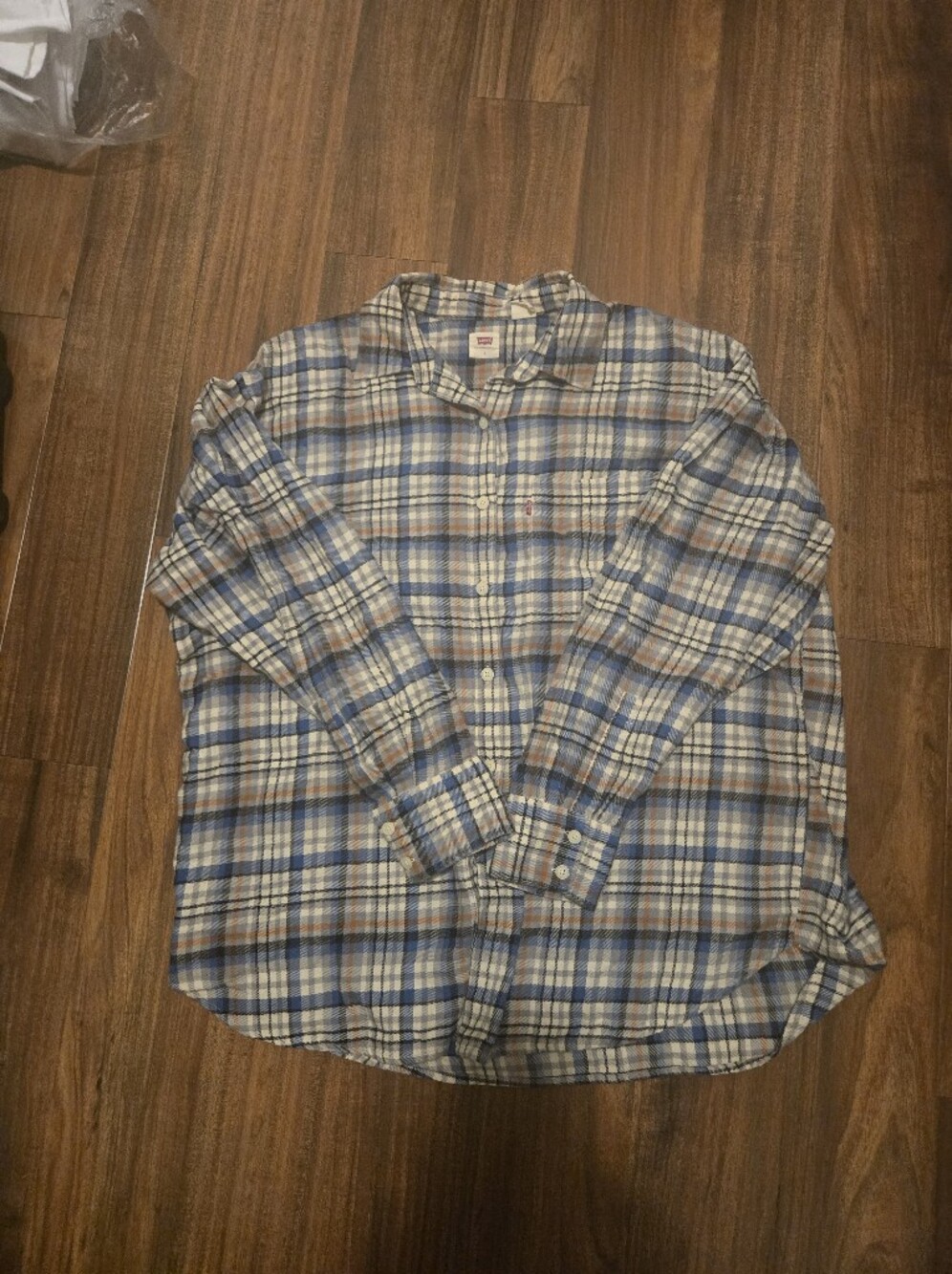 Vintage Levi's Women's Blue and Orange Plaid Button-Down Shirt Size Large